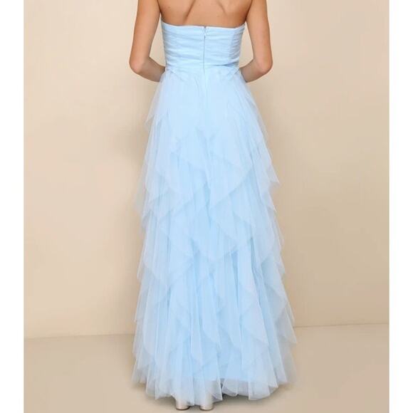 Lulus NWOT Delightful Beauty Blue Mesh Strapless Ruched Ruffled Maxi Dress - Picture 7 of 10